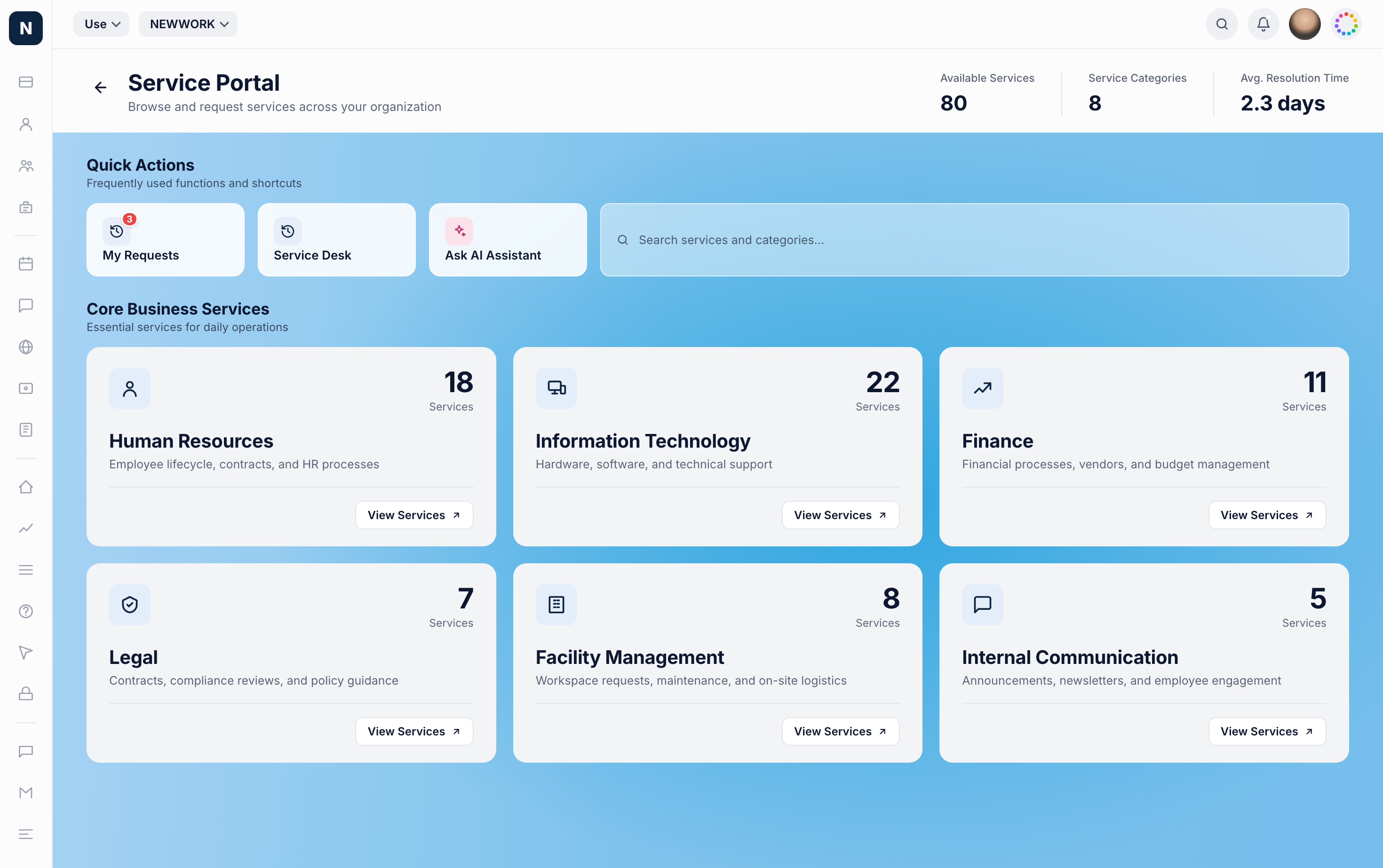 Services+ Service Portal with quick actions, AI Assistant, and core business service categories